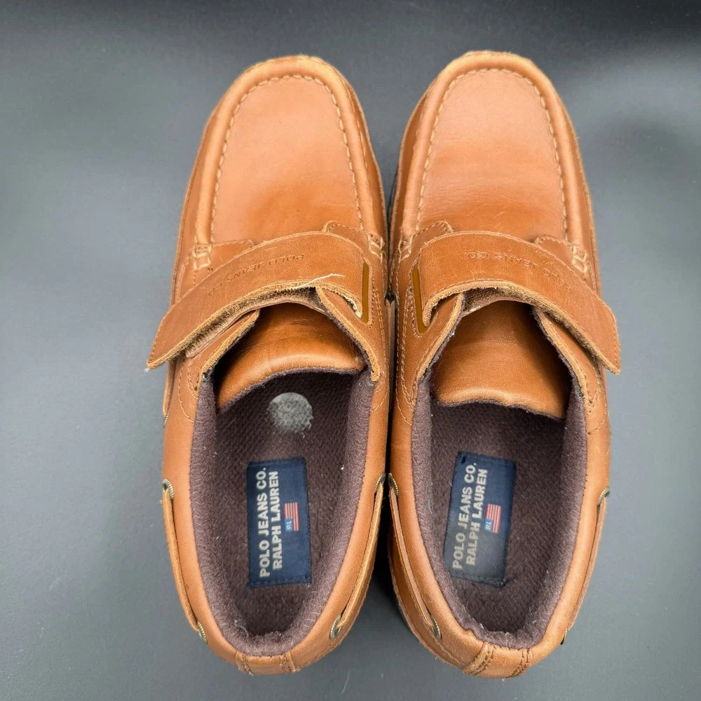 Polo Jeans Co Ralph Lauren Mens 11D Tan Leather Boat Shoes Hook Loop Strap